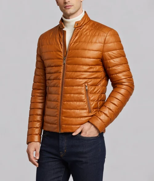 Men's Lux Brown Puffer Jacket | Men's Brown Leather Puffer Jacket-3