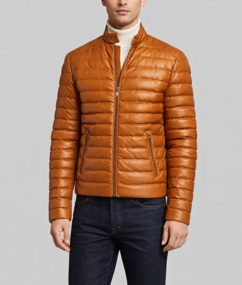 Men's Lux Brown Puffer Jacket | Men's Brown Leather Puffer Jacket-5