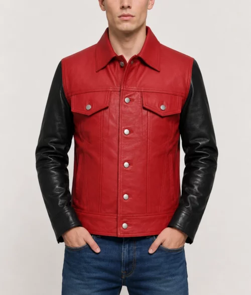 Men’s Red and Black Leather Jacket - Front