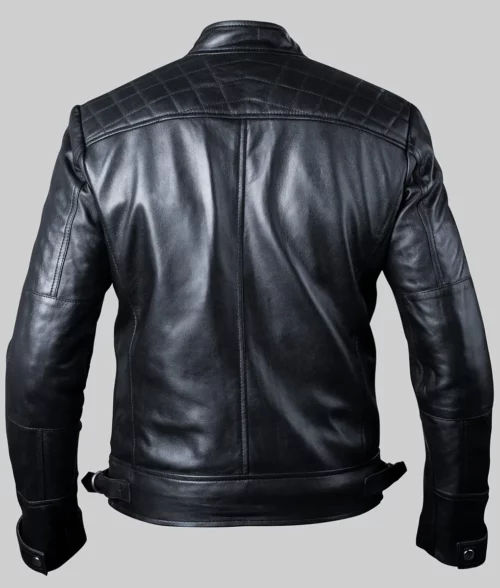 Sam Men’s Black Cafe Racer Quilted Biker Leather Jacket - Back