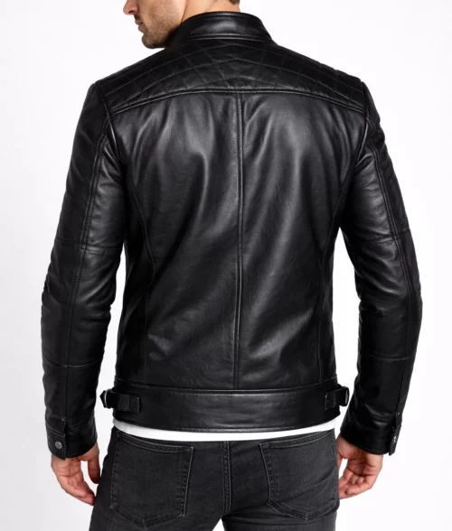 Sam Men’s Black Cafe Racer Quilted Biker Leather Jacket - Back View