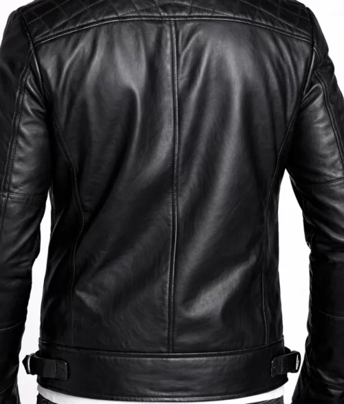 Sam Men’s Black Cafe Racer Quilted Biker Leather Jacket - Back Waist