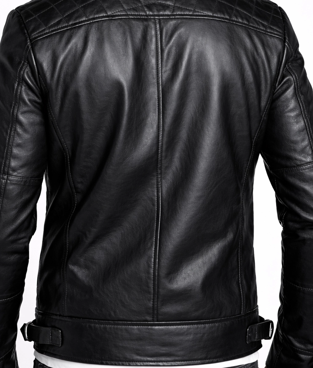 Sam Men’s Black Cafe Racer Quilted Biker Leather Jacket - Back Waist