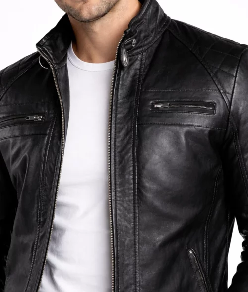 Sam Men’s Black Cafe Racer Quilted Biker Leather Jacket - Collar
