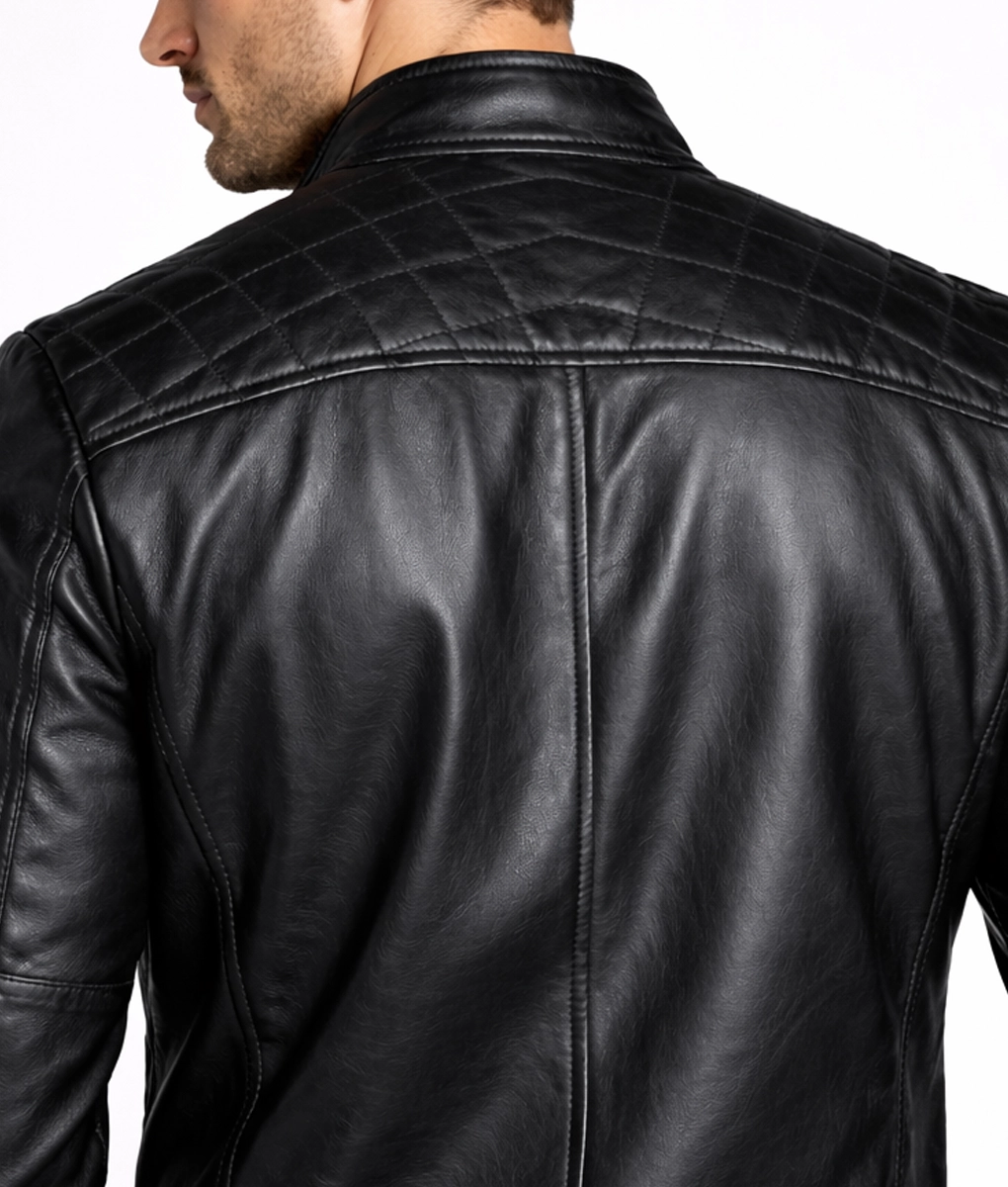 Sam Men’s Black Cafe Racer Quilted Biker Leather Jacket - Collar Back