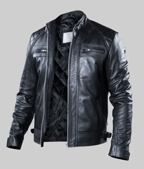 Sam Men’s Black Cafe Racer Quilted Biker Leather Jacket - Front