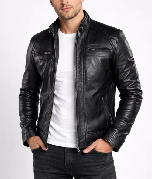 Sam Men’s Black Cafe Racer Quilted Biker Leather Jacket - Front View