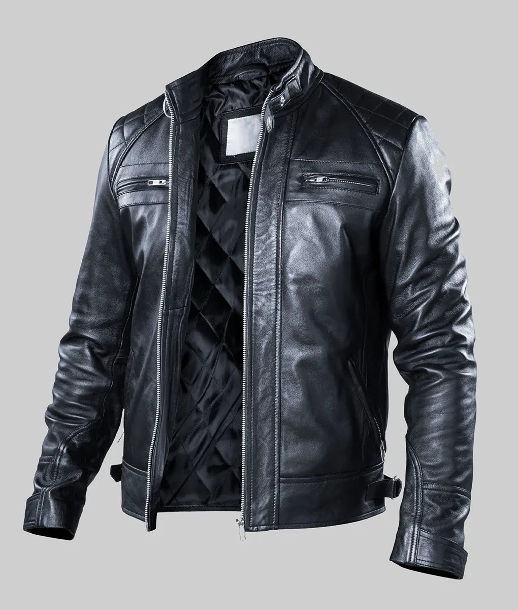 Sam Men's Black Cafe Racer Quilted Biker Leather Jacket| Men's