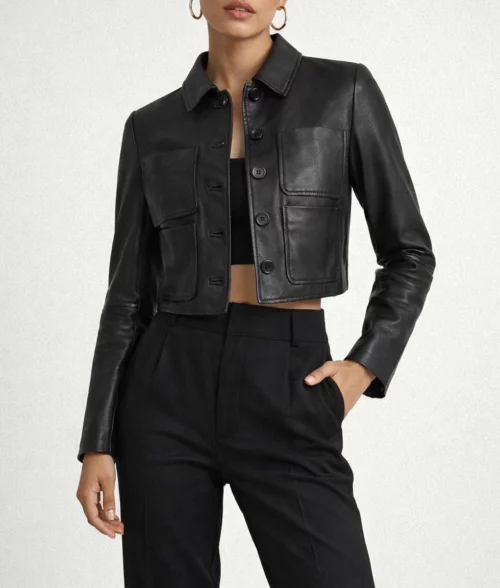 Wednesday Addams Black Leather Cropped Jacket-4