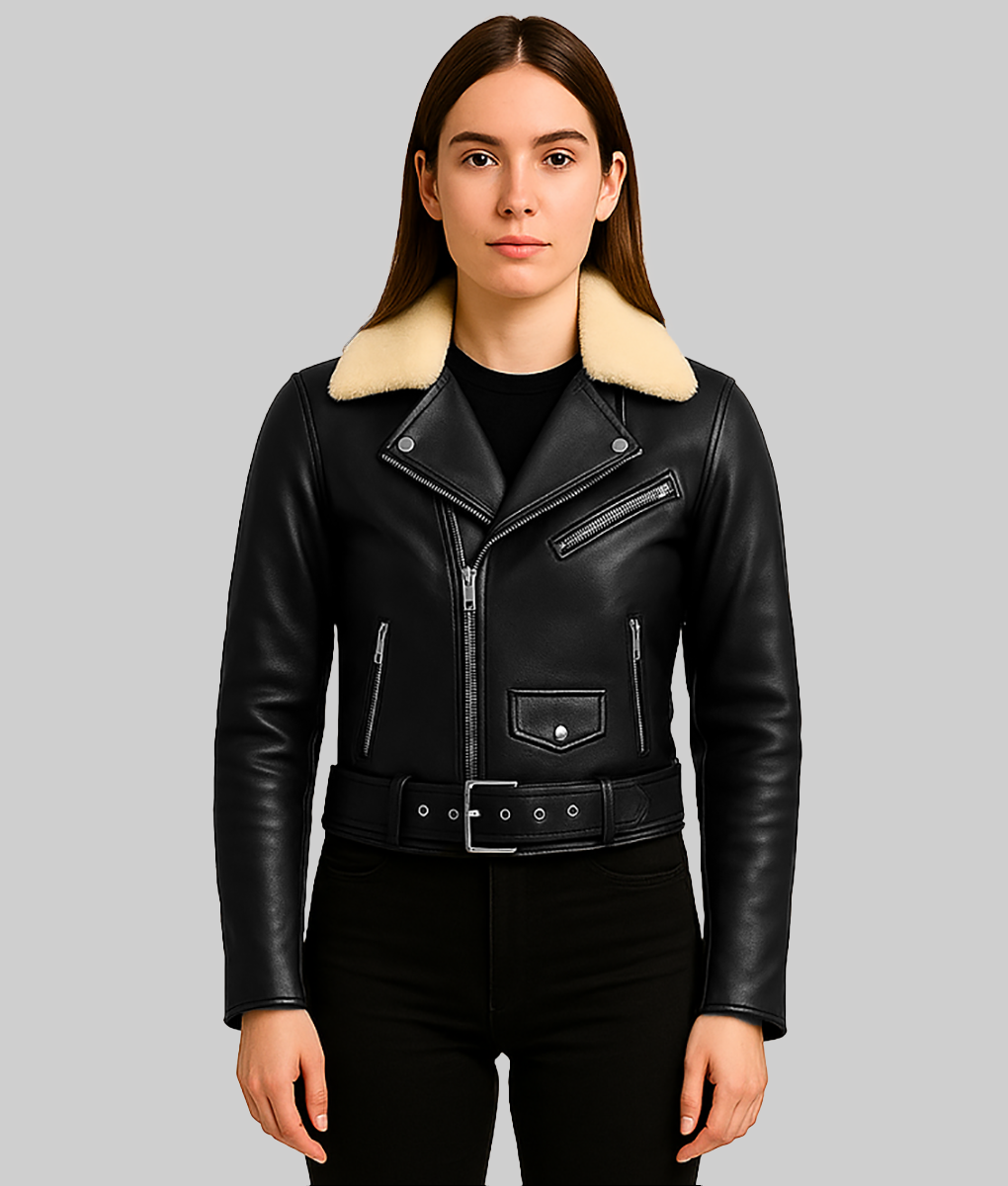 Susan Classic Shearling Moto Jacket-FrontView