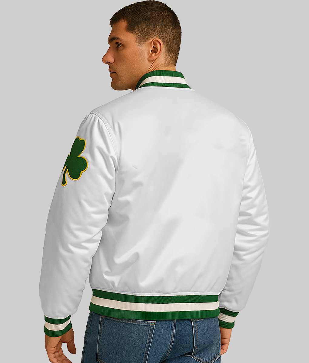 Celtics White Satin Bomber Jacket-BackView