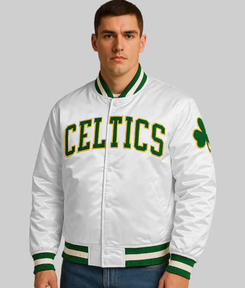 NBA Boston Celtics White Satin Bomber Jacket TLC