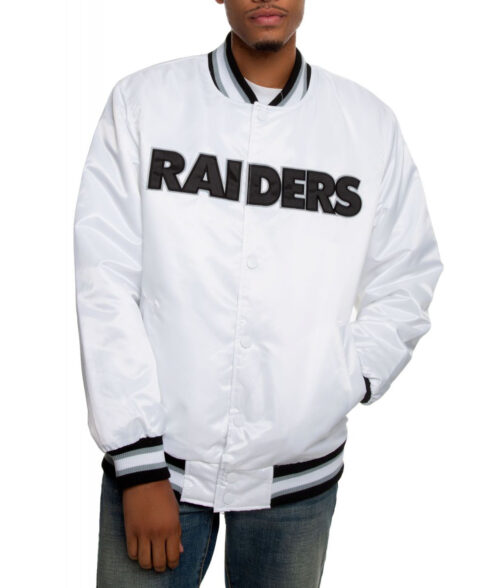 Oakland Raiders Starter White Satin Jacket - White Oakland Raiders Jacket | Men's Leather Jacket - Front View