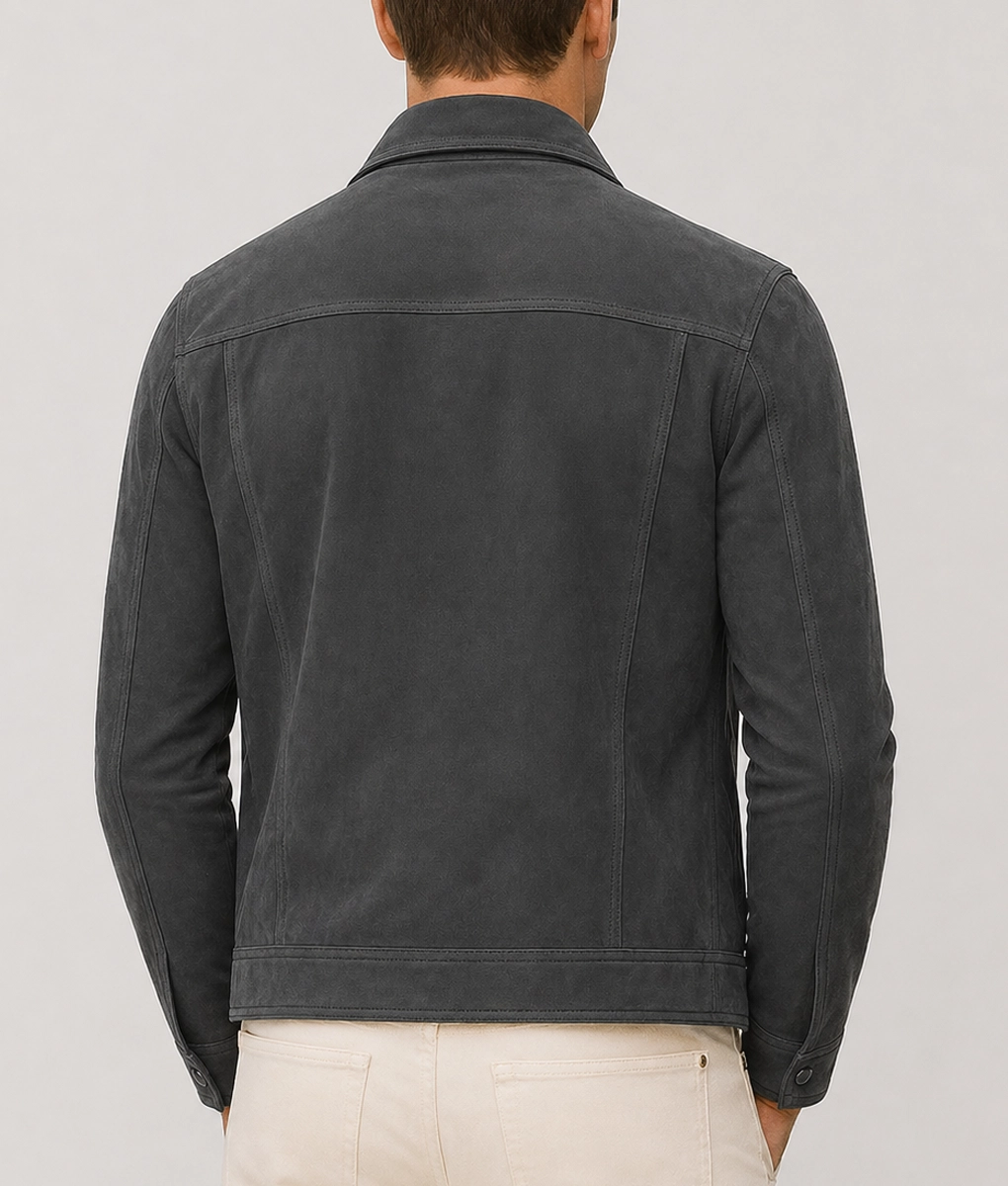 Brent Men's Grey Suede Trucker Jacket - Back