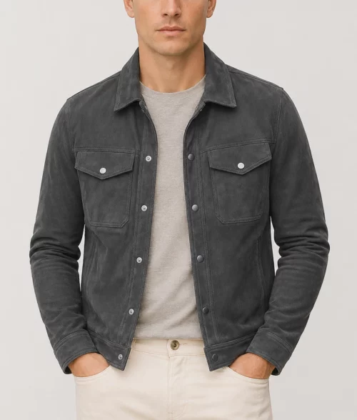 Brent Men's Grey Suede Trucker Jacket - Front