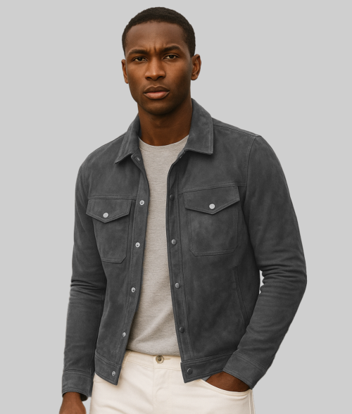 Brent Men's Grey Suede Trucker Jacket-Front View