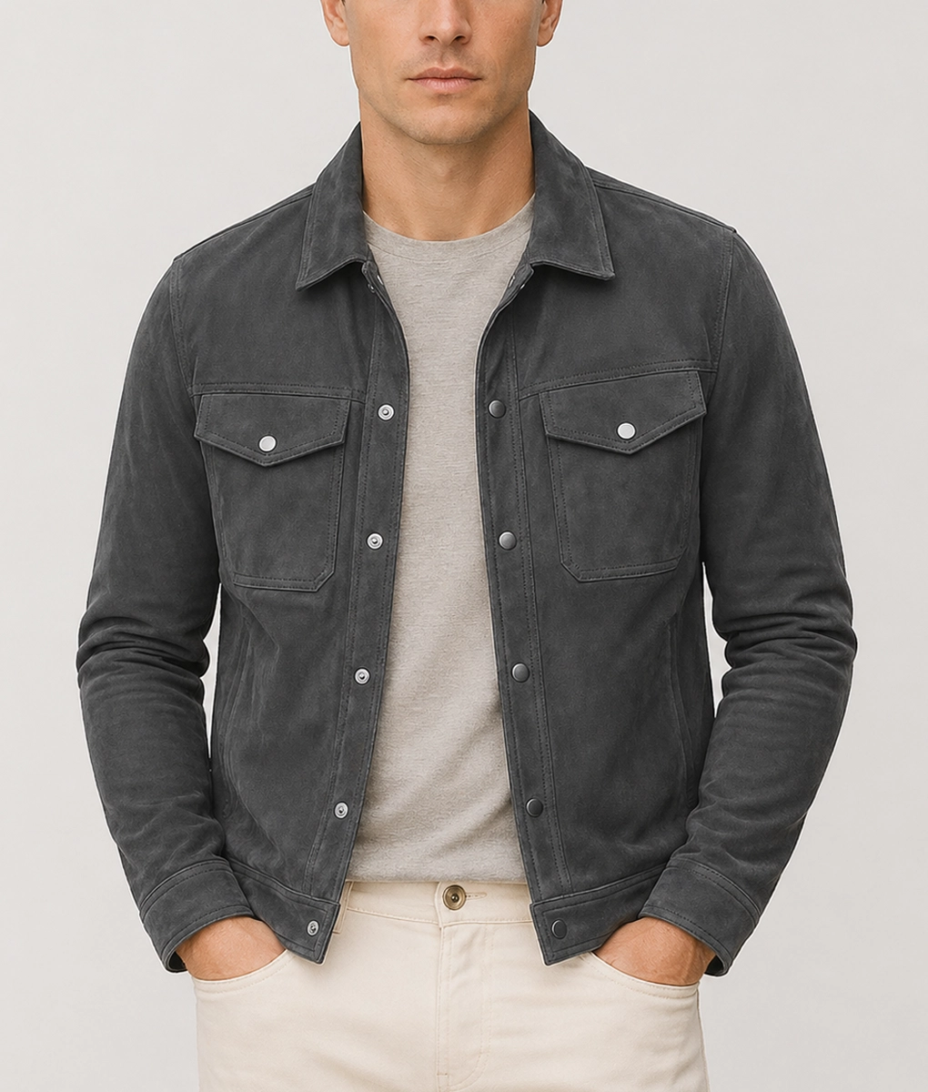 Brent Men's Grey Suede Trucker Jacket - Front