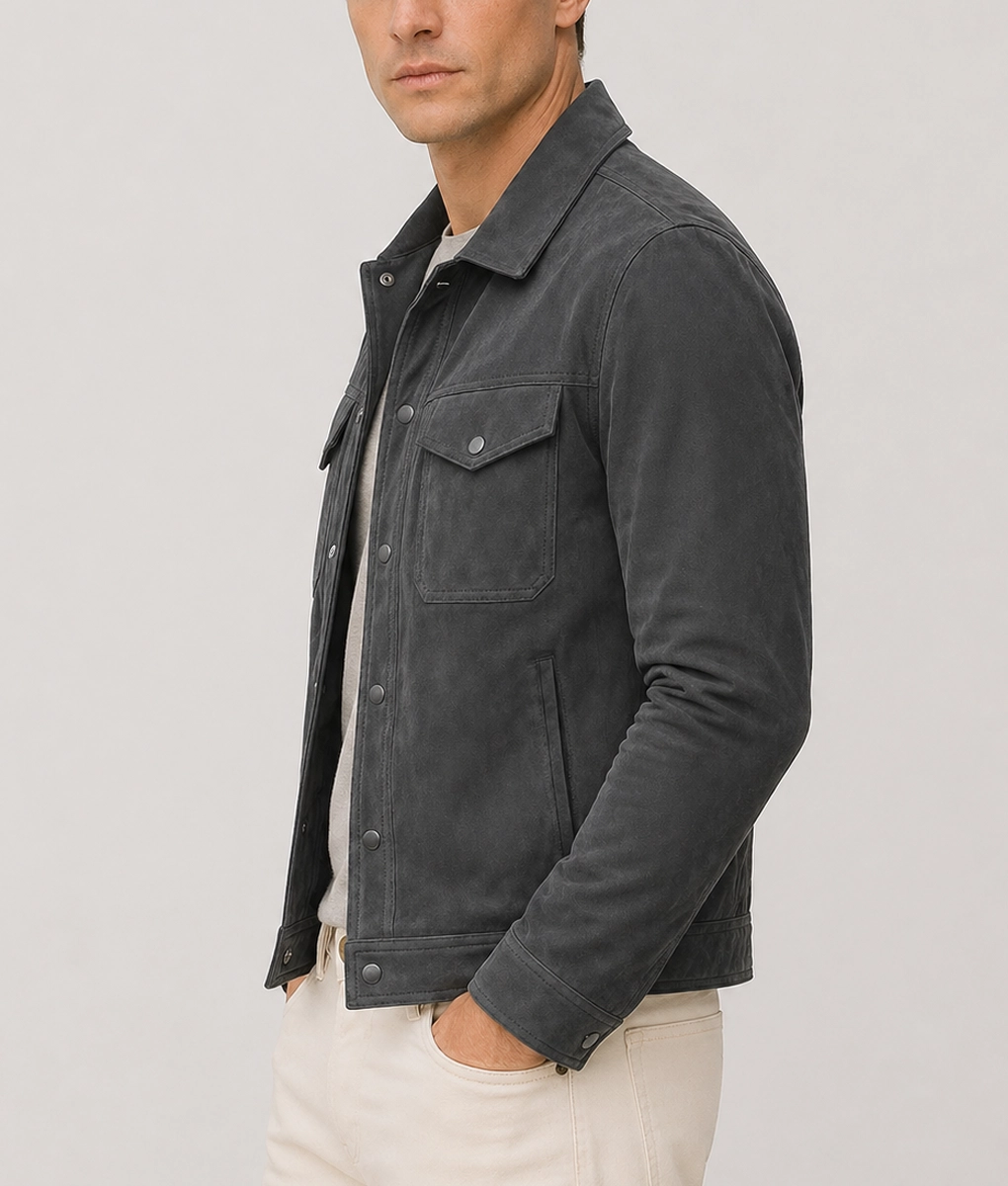 Brent Men's Grey Suede Trucker Jacket - Side