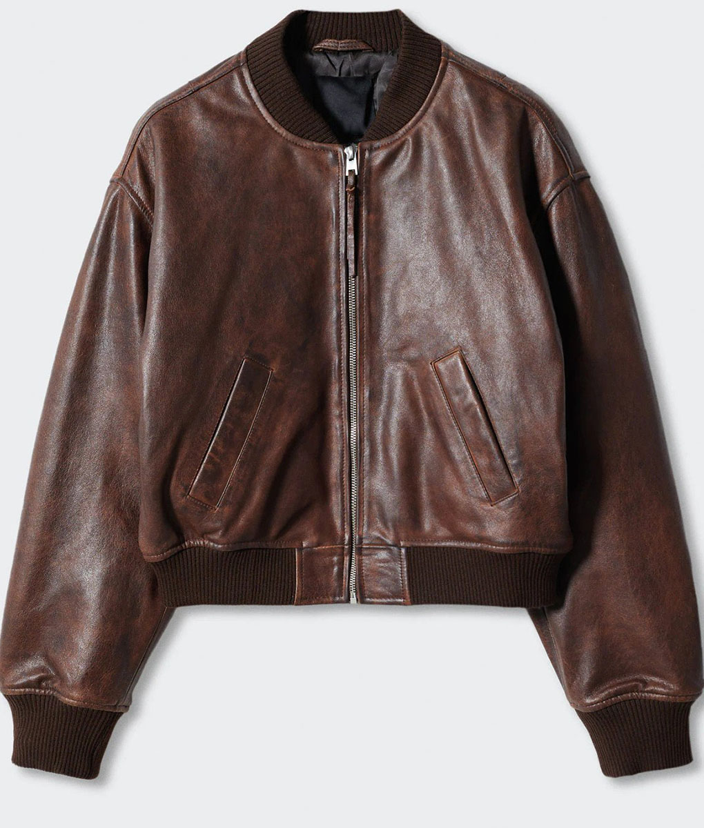 Katie Holmes Brown Leather Bomber Jacket