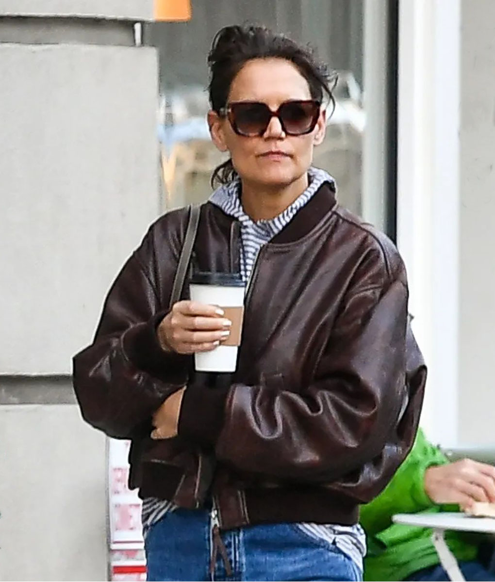 Katie Holmes Brown Leather Bomber Jacket