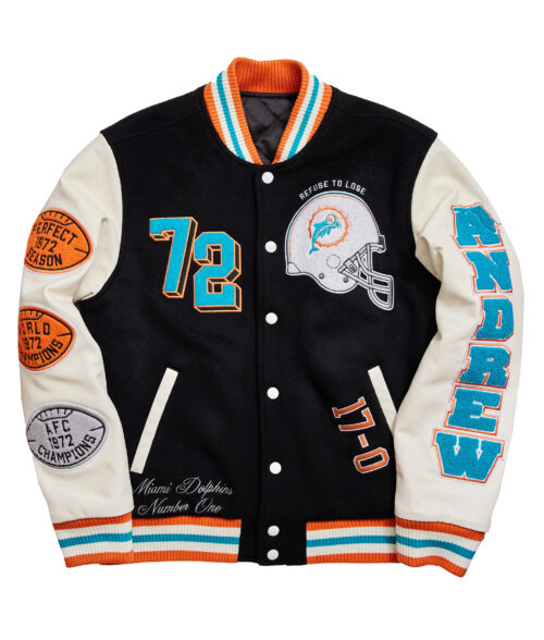 Miami Dolphins Varsity Jacket - Dolphins Jacket | Men's Wool Jacket With Leather Sleeves - Front View