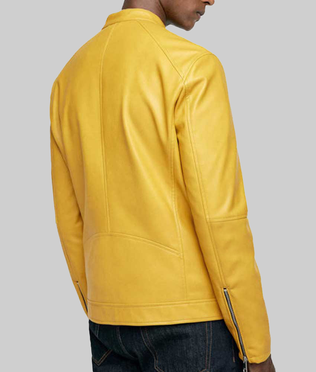 Men's Classic Yellow Leather Jacket-BackView