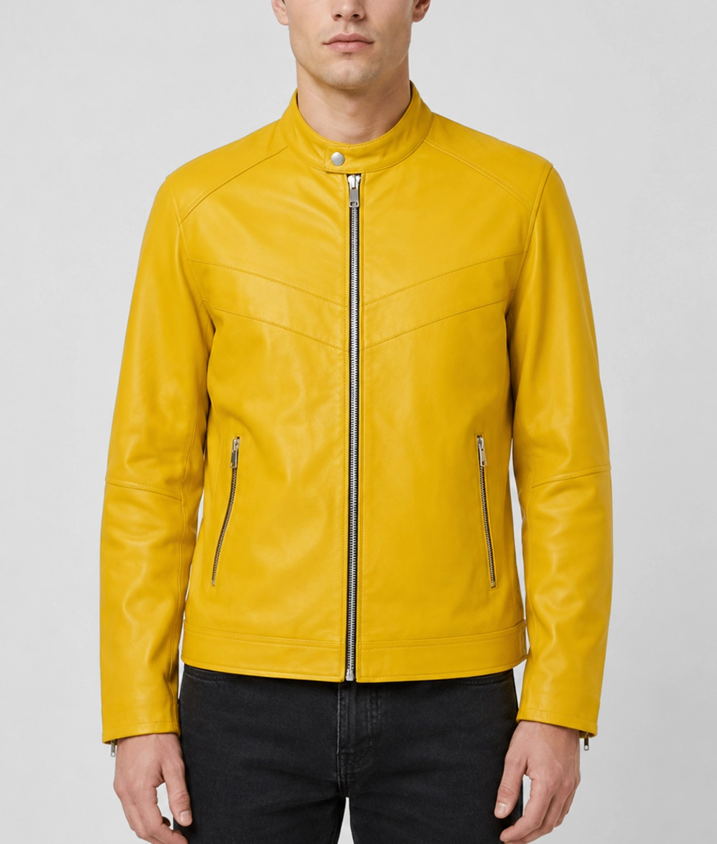 Men's Classic Yellow Leather Jacket - Front