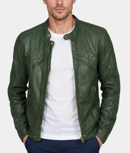 Men's Green Leather Jacket - Front