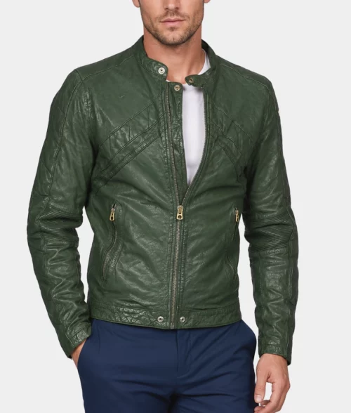 Men's Green Leather Jacket - Front - Side