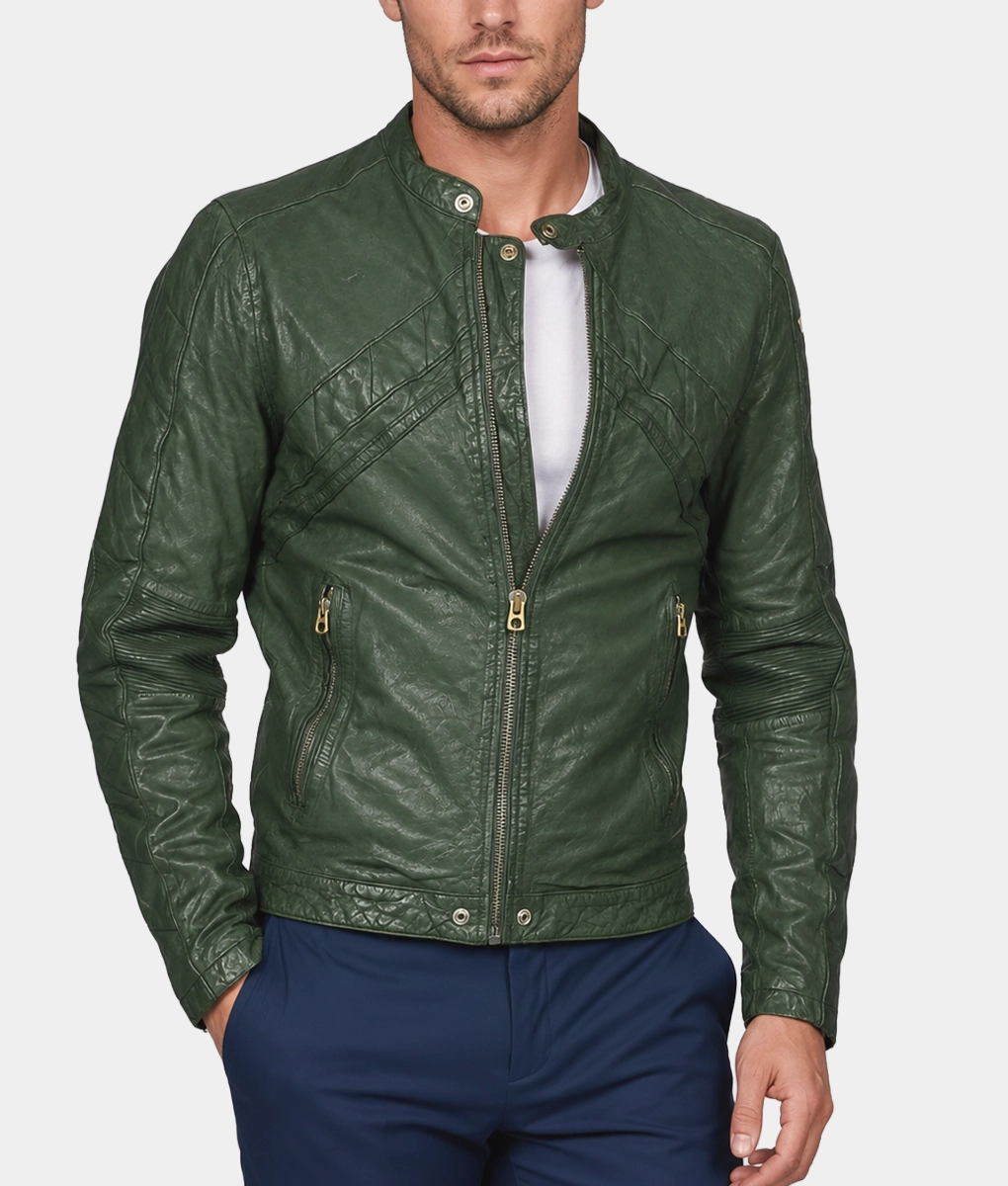 Men's Green Leather Jacket - Front - Side