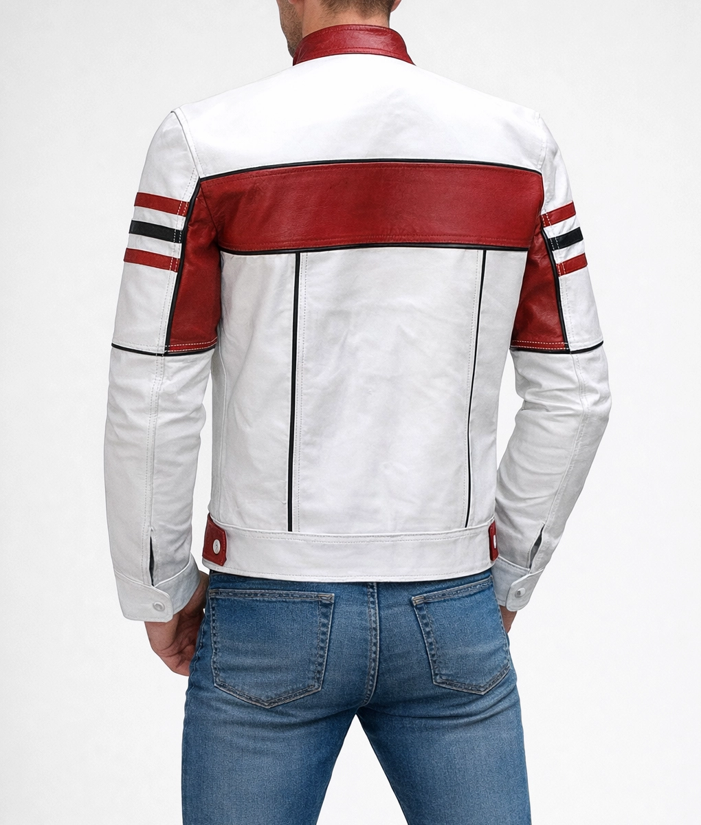 Men&rsquo;s Red & White Cafe Racer Jacket - Back