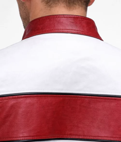 Men&rsquo;s Red & White Cafe Racer Jacket - Collar Back