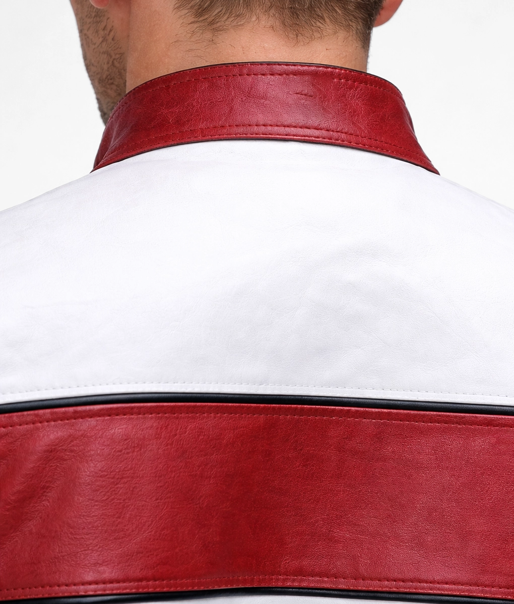 Men&rsquo;s Red & White Cafe Racer Jacket - Collar Back