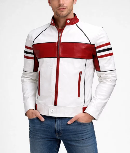 Men’s Red & White Cafe Racer Jacket - Front