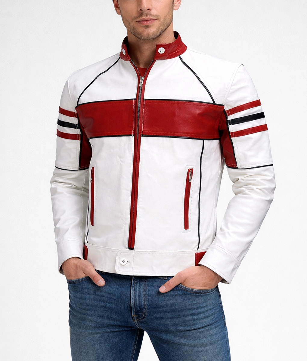 Men&rsquo;s Red & White Cafe Racer Jacket - Front