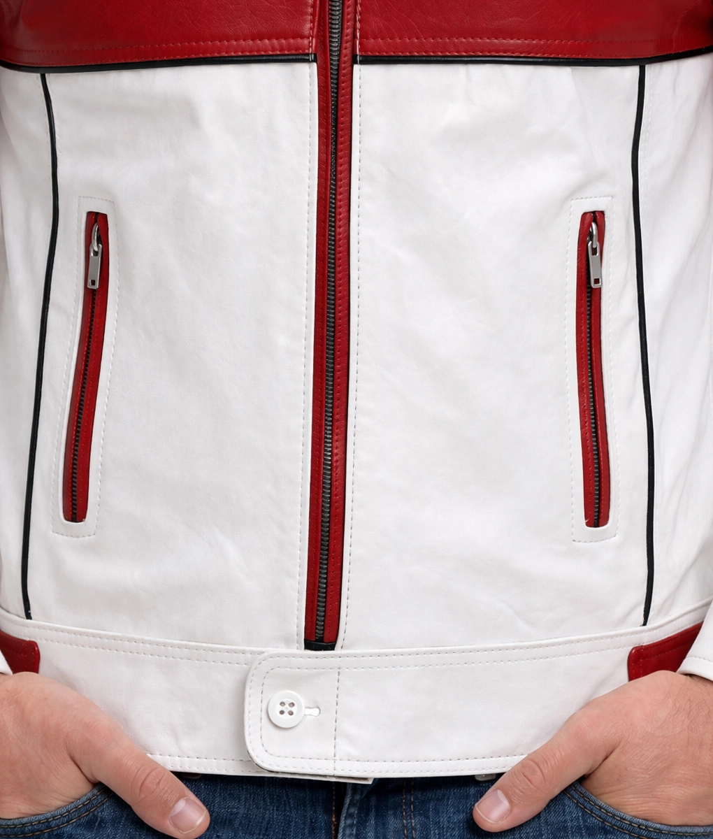 Men&rsquo;s Red & White Cafe Racer Jacket - Pockets