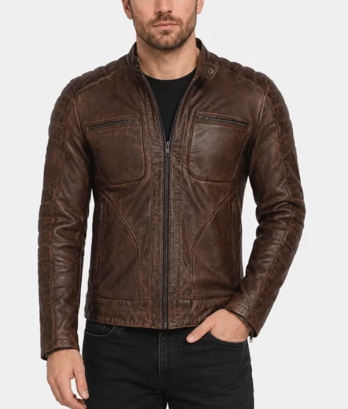 Men's Vintage Brown Cafe Racer Jacket - Front