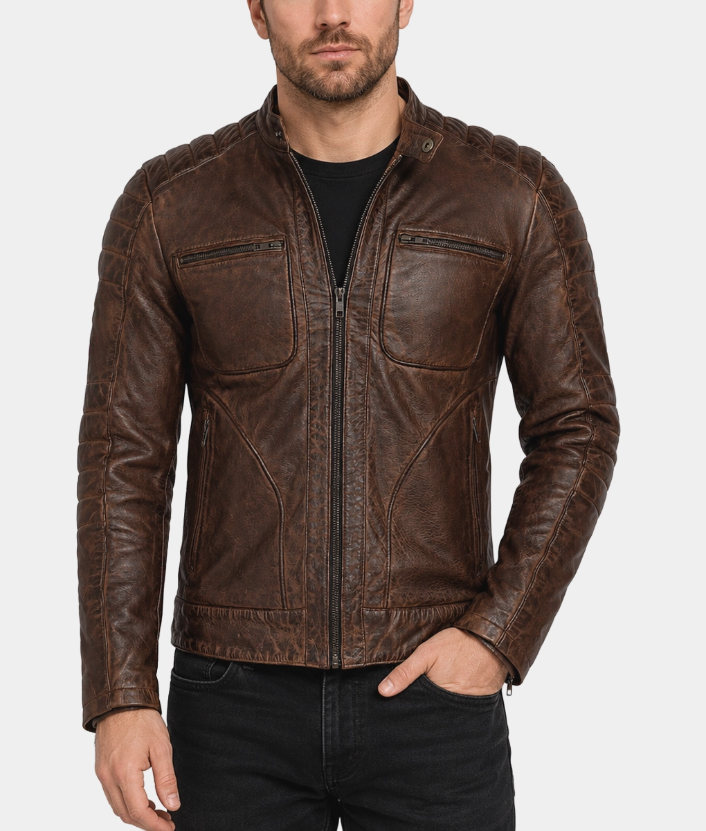 Men's Vintage Brown Cafe Racer Jacket - Front