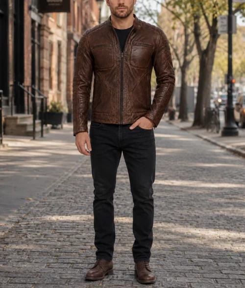 Men's Vintage Brown Cafe Racer Jacket - Full