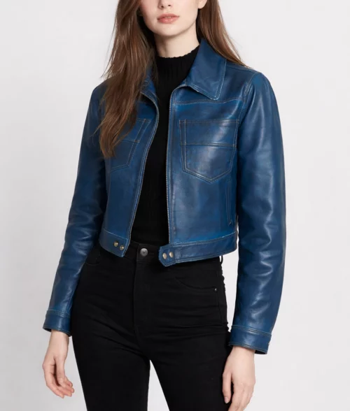 Women's Blue Cropped Leather Jacket-3