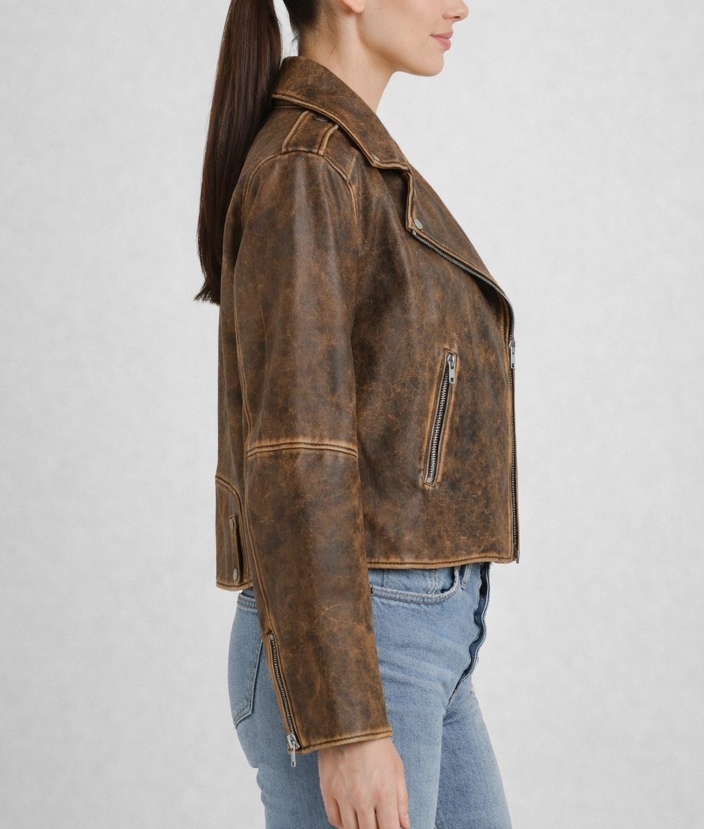 Cindy Kimberly Distressed Brown Leather Jacket | Women's Distressed Brown Leather Jacket-2