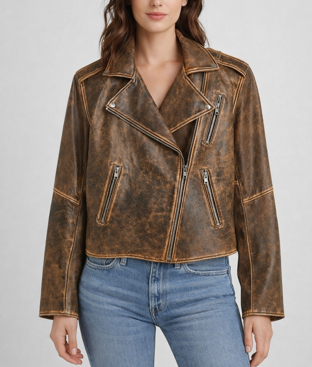 Cindy Kimberly Distressed Brown Leather Jacket | Women's Distressed Brown Leather Jacket-3