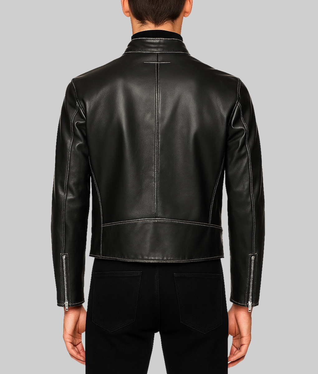 Jimin Black Leather Jacket-Back View