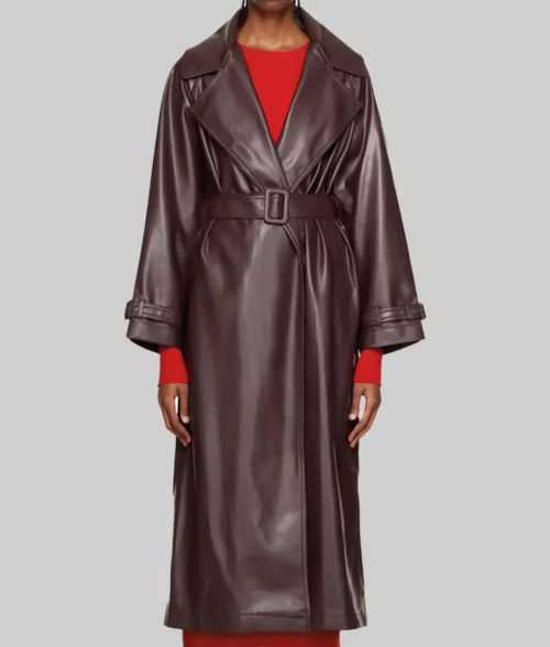 Selena Gomez Burgundy Leather Coat