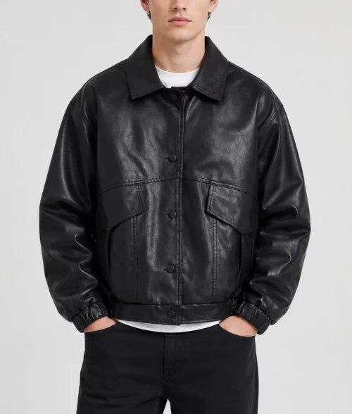 Taehyu Black Leather Bomber Jacket - Front