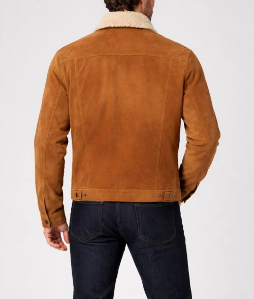 Alonzo Men's Cognac Sherpa Lined Trucker Western Suede Jacket - Back