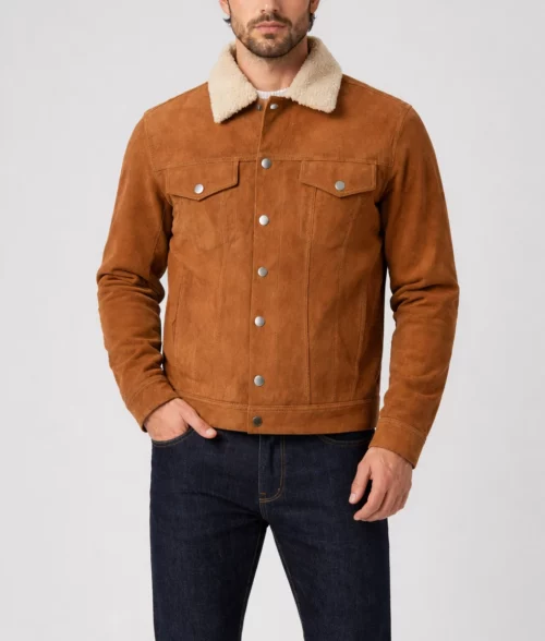 Alonzo Men's Cognac Sherpa Lined Trucker Western Suede Jacket - Front