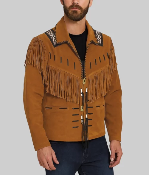 Bart Men's Brown Native Fringe Cowboy Western Suede Jacket-Front View
