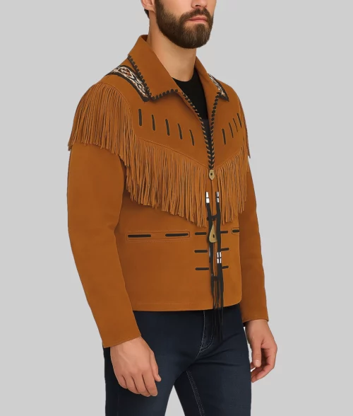 Bart Men's Brown Native Fringe Cowboy Western Suede Jacket-Side View