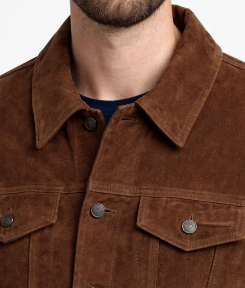 Bill Men's Dark Brown Trucker Utility Western Suede Jacket - Collar